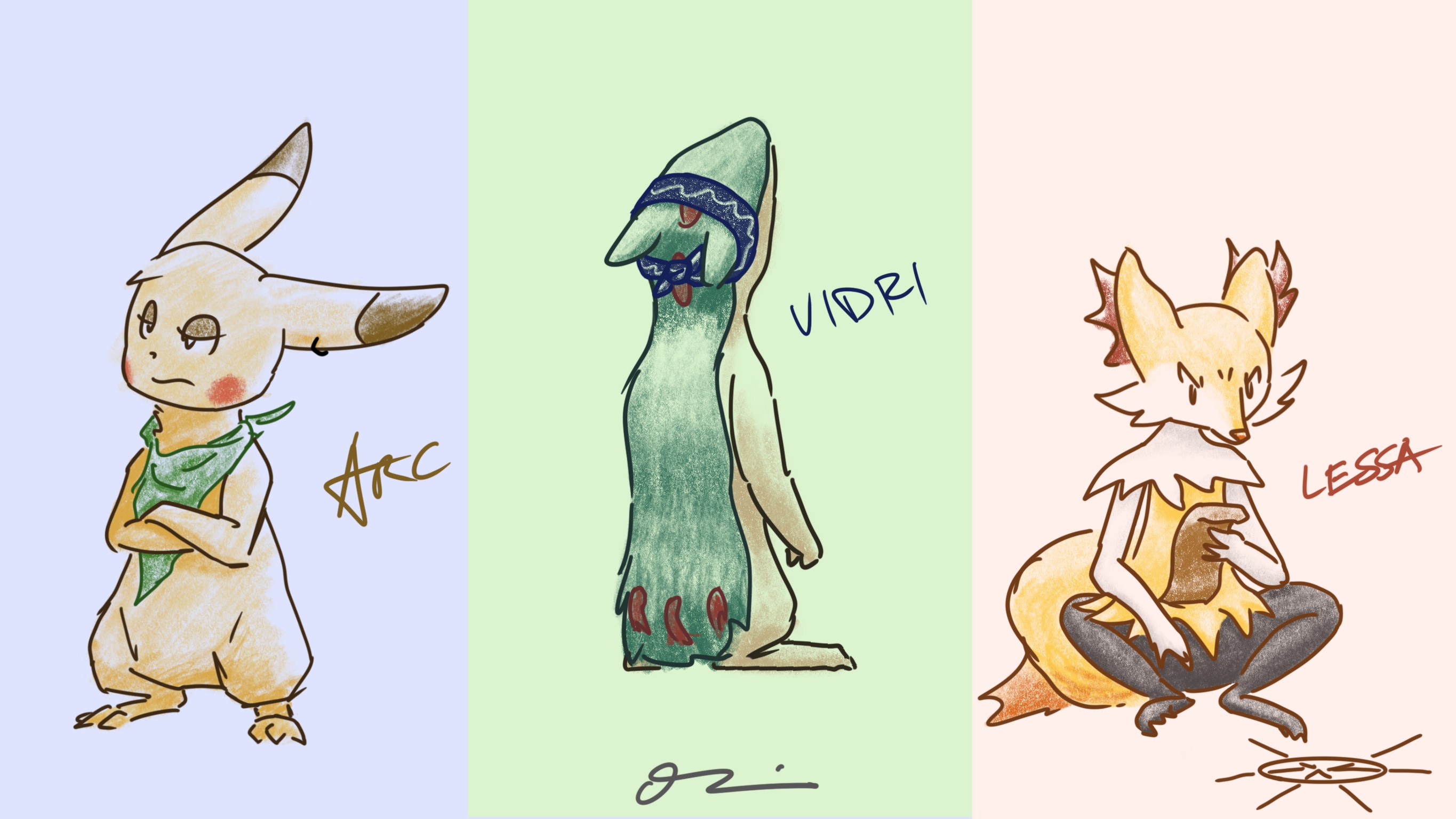 Portrait illustration of the three protagonists of PMD: Cast: Arc, Vidri, and Lessa